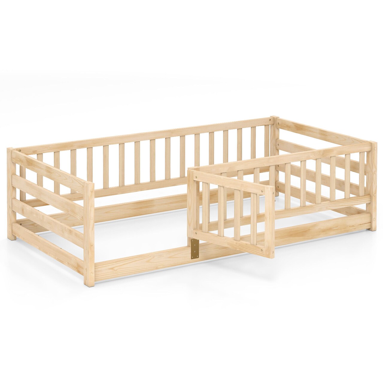 Twin Size Pine Wood Montessori Floor Bed with Safety Guardrails and Lockable Door